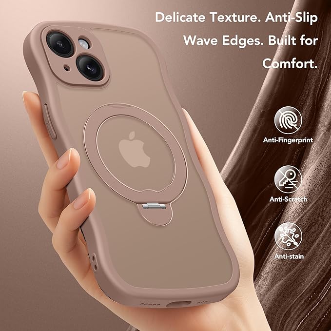 GolbinBox for iPhone 15 Plus Case for Women,[Compatible with Magsafe][360° Spin Magnetic Stand][Cute Wave Edge][Military-Grade Protection] Translucent Matte Phone Case for iPhone 15 Plus, Brown