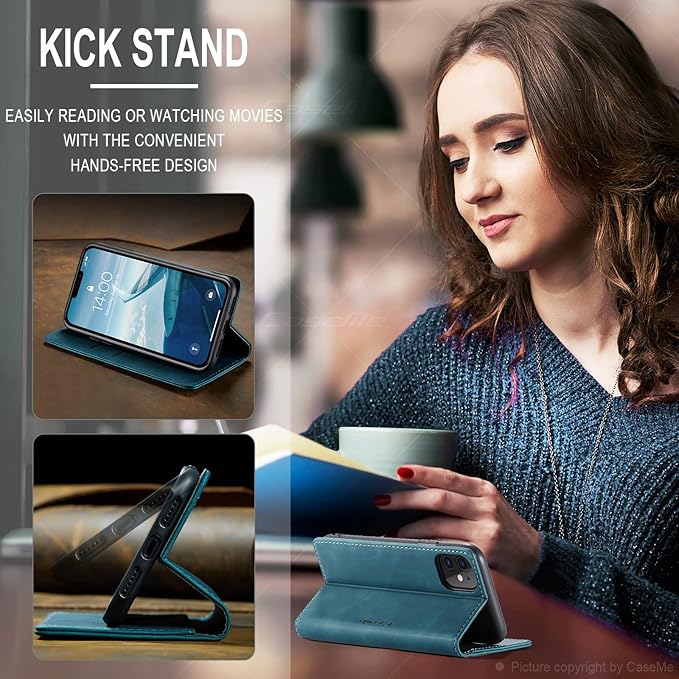 for iPhone 11 6.1-Inch Case, Flip Wallet Leather Case with Card Holder Magnetic Closure Shockproof Kickstand Protective Phone Cases Cover for iPhone 11, Blue-Green