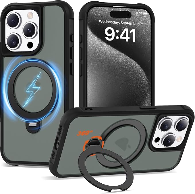 Compatible with iPhone 15 Pro Case with Invisible Magnetic 360°Spin Stand,Military-Grade Shockproof Protection [Compatible with Mag-Safe] Non-Slip Edge Translucent Case (6.1",Black)