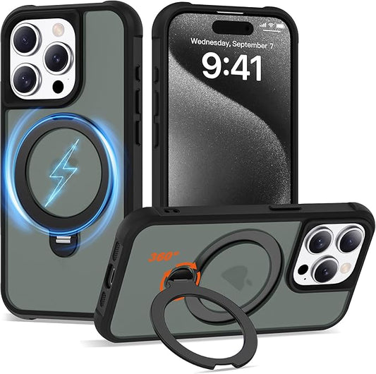 Compatible with iPhone 15 Pro Case with Invisible Magnetic 360°Spin Stand,Military-Grade Shockproof Protection [Compatible with Mag-Safe] Non-Slip Edge Translucent Case (6.1",Black)