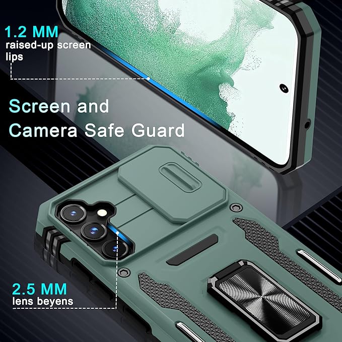DEERLAMN Case for Samsung Galaxy S23 FE 6.4-Inch with Slide Camera Cover+Screen Protector(1 Pack),Rotated Ring Kickstand Military Grade Shockproof Protective Cover-Green