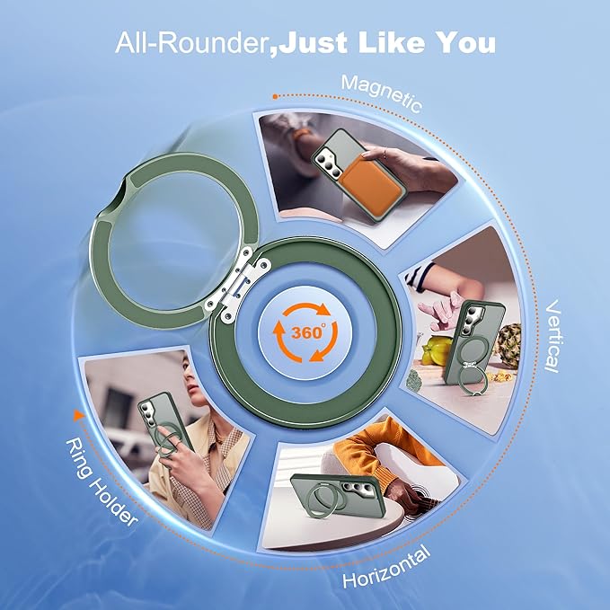 for Samsung Galaxy S23 Case with 360°Rotatable Magnetic Ring Stand Compatible with Mag-Safe Military Standard Protection Shockproof Matte Translucent Phone Cases for Samsung Galaxy S23,Green