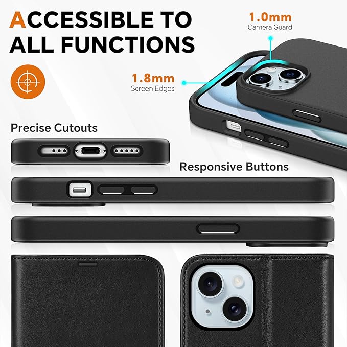 TUCCH Case Wallet for iPhone 15, Detachable 2-in-1 Kickstand RFID Blocking 4 Card Slot Wireless Charging Protective Case, Magnetic PU Leather Removable Cover Compatible with iPhone 15 6.1", Black