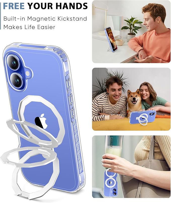 Compatible with iPhone 16 Plus Case, Built-in Screen Protector & Seamless Stand, with Camera Lens Protector, Strong Magnetic Clear Phone Case, Full Body Protective Cover for 6.7" (Clear)