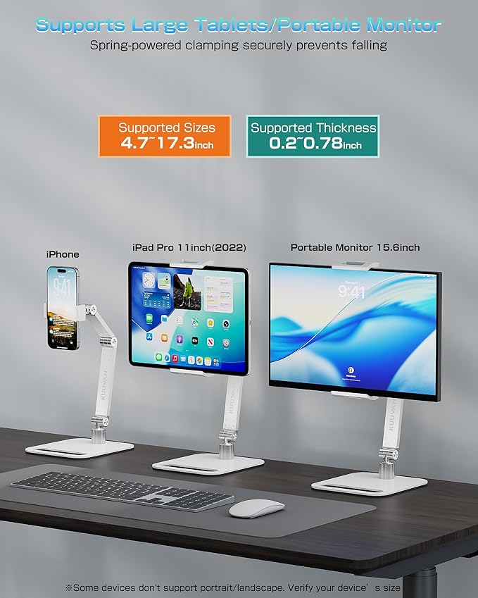 Tablet Stand Holder for iPad, Portable Monitor Stand Holder 15.6'',17.3'', Aluminum Alloy Foldable Arm Mount with 360° Swivel Desk Mount Compatible with 4.7-17.3inch Tablet, Cell Phone (White)