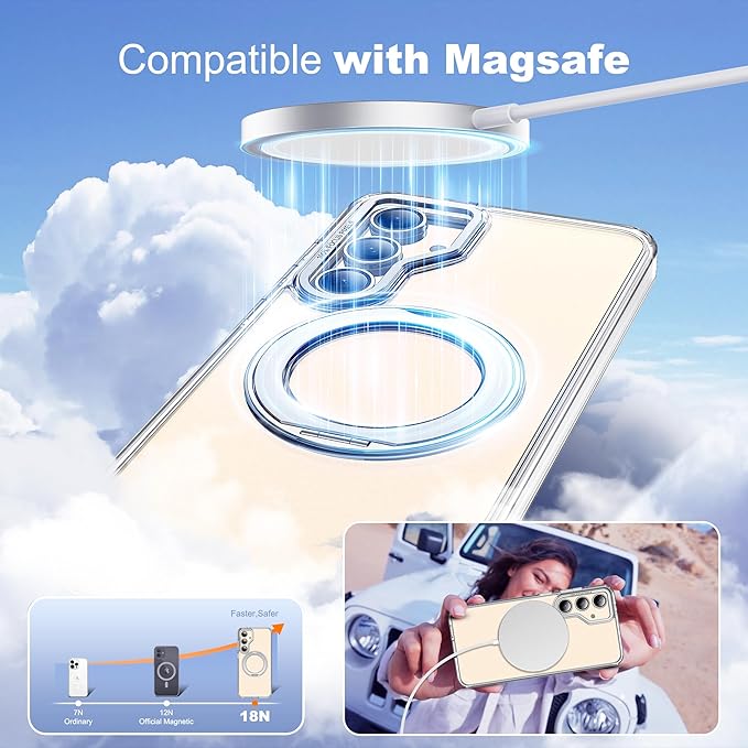 Compatible with Samsung Galaxy S24 Case with 360Rotatable Magnetic Ring Stand Compatible with Mag-Safe Military Protection Shockproof Transparent Phone Case for S24 6.2",Clear