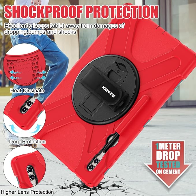 BRAECNstock Case for Samsung Galaxy Tab S10 Ultra/ S9 Ultra/ S8 Ultra 14.6" Shockporoof Protective Heavy Duty Kids Case with Pencil Holder [360 Rotating Strap]& Stand, Shoulder Strap, Red