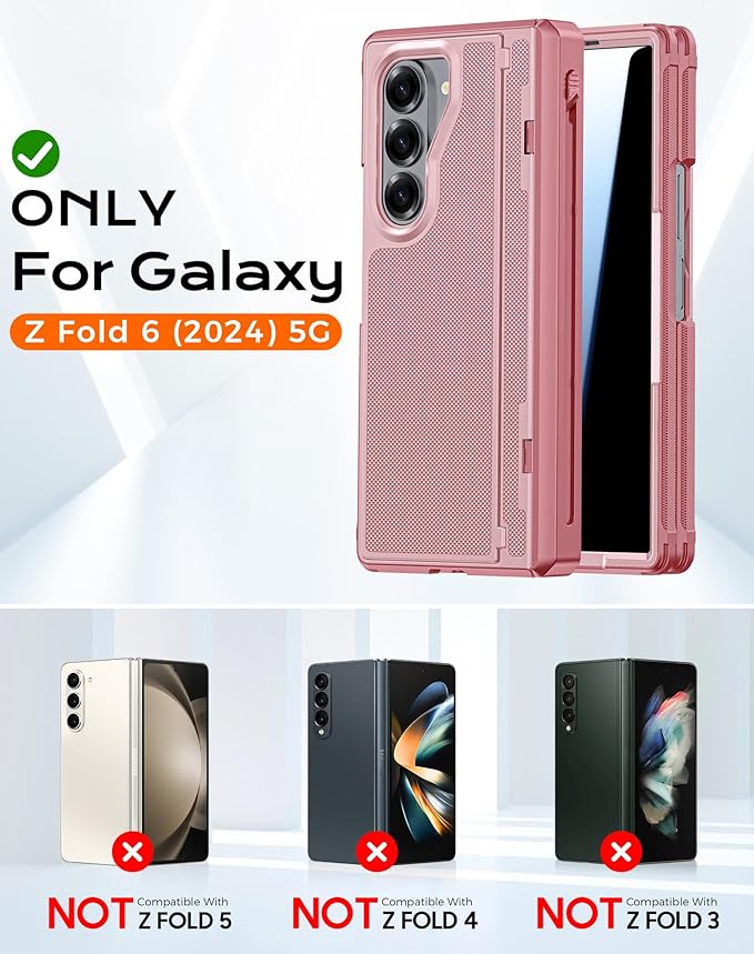 for Galaxy Z Fold 6 Case, S Pen Holder & Privacy Screen Protector & Kickstand & Hinge Protection, Slim Rugged Military-Grade Shockproof Protective Phone Case for Samsung Fold 6 Case (Pink)