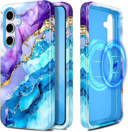 Casetego for Galaxy S25 FE Case,Compatible with MagSafe,[Military Grade Drop Test] Full Body Protection Slim Shockproof Rugged Marble Women Case for Samsung Galaxy S25 FE 6.7 inch,Azure Blue