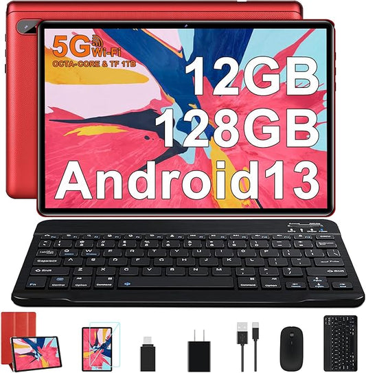 Tablet 10 inch Android PC Octa-Core 2.0 GHz with 12GB RAM 128GB ROM TF 1TB, 5G WiFi, 6000mAh, FHD IPS Touchscreen, Bluetooth 5.0,1280 * 800, 5+8 MP, 2025 2 in 1 Tablet with Keyboard and Mouse, Red