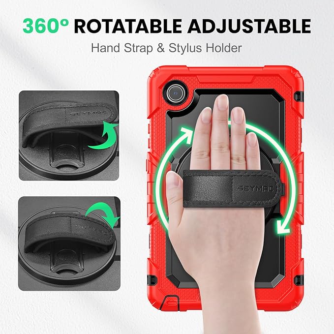 SEYMAC Case for Lenovo Tab One 8.7 inch/ K9 TB305FU (2025), Heavy Duty Full-Body Shockproof Protective Case with Screen Protector, Stand, Hand/Shoulder Strap and Pen Holder, Red