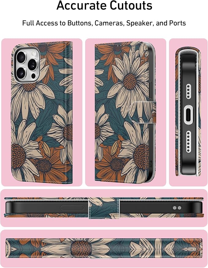 DEENAKIN for iPhone 15 Pro Wallet Case with Card Holder + Cash Clip, RFID-Blocking, Military-Grade Drop Protection, Magnetic Closure with Leather Kickstand - Floral Daisy Pattern