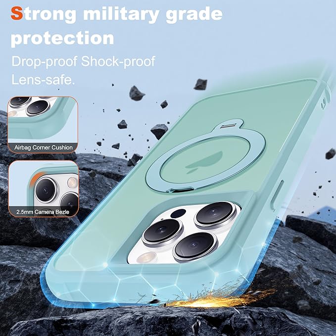Compatible with iPhone 15 Pro Max Case with Invisible Magnetic 360°Spin Stand,Military-Grade Shockproof Protection [Compatible with Mag-Safe] Non-Slip Edge Translucent Case (6.7",Blue)