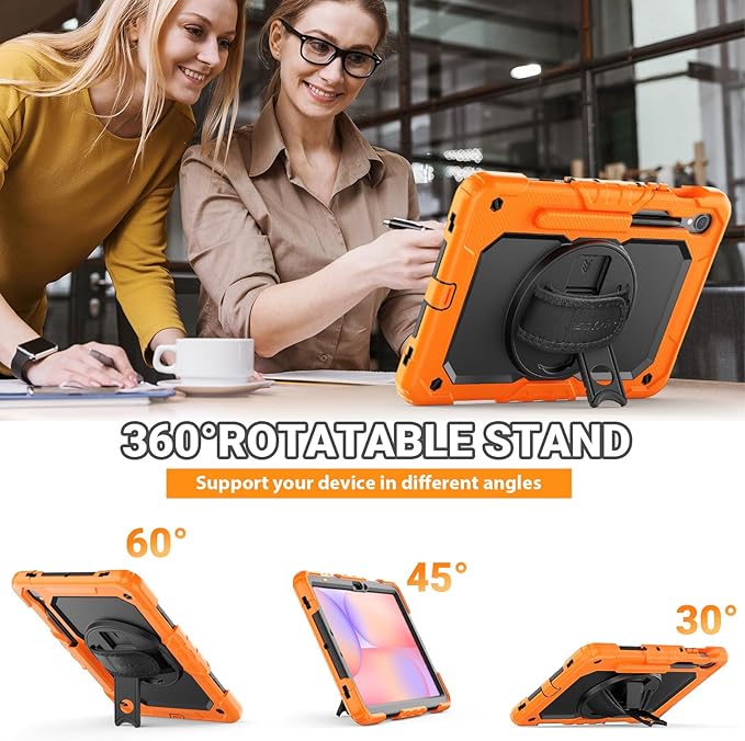 SEYMAC Case for Samsung Galaxy Tab S10 Lite/ S10 FE/ S9 FE/ S9 5G (10.9''/11''), Heavy Duty Shockproof Protective Case with Screen Protector, Rotating Stand, Hand Strap and Pen Holder, Orange