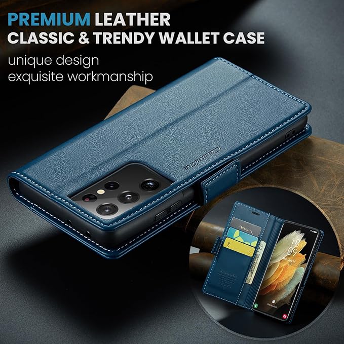 AUPAI for Samsung Galaxy S21 Ultra Wallet Case with Credit Card Holder, PU Leather RFID Blocking Folio Flip Kickstand Magnetic Clasp Protective Phone Cover for Women Men Blue