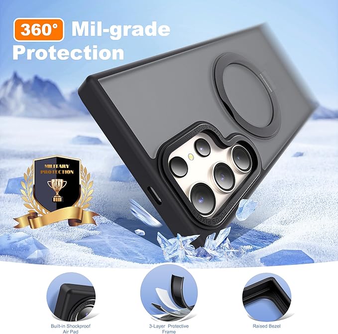 Compatible with Samsung Galaxy S24 Ultra Case with 360Rotatable Magnetic Ring Stand Compatible with Mag-Safe Military Protection Matte Translucent Phone Cases for S24 Ultra 6.8",Black