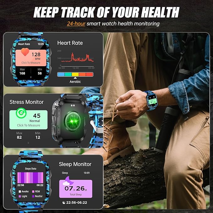 Military Smart Watch for Men with LED Flashlight/UV Light 1.96" Big Screen Rugged Tactical Smartwatch 3ATM Waterproof Fitness Tracker with HR/Sleep Monitor for iPhone Android (Two Watch Bands)