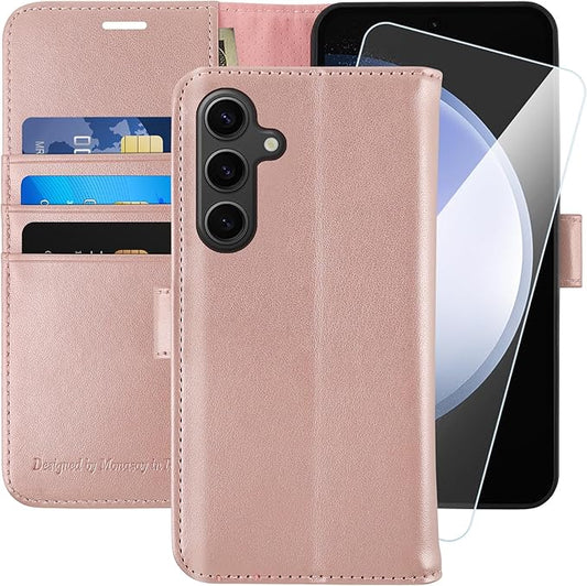 MONASAY Wallet Case Fit for Samsung Galaxy S23 FE 6.4 inch 5G,[RFID Blocking] Flip Folio Leather Cell Phone Cover with Credit Card Holder, Rosegold