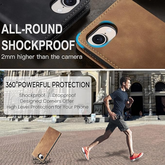 QLTYPRI Case for iPhone 16e, Vintage PU Leather Wallet Case Card Slot Kickstand Magnetic Closure Shockproof Flip Folio Cover for iPhone 16e - Brown