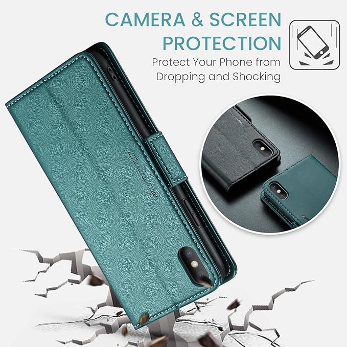 for iPhone X Case/iPhone Xs Case, Premium PU Leather Wallet Case Flip Cover with [RFID Blocking][Card Holder][Stand Function] Shockproof Protective for iPhone X/XS, Blue-Green
