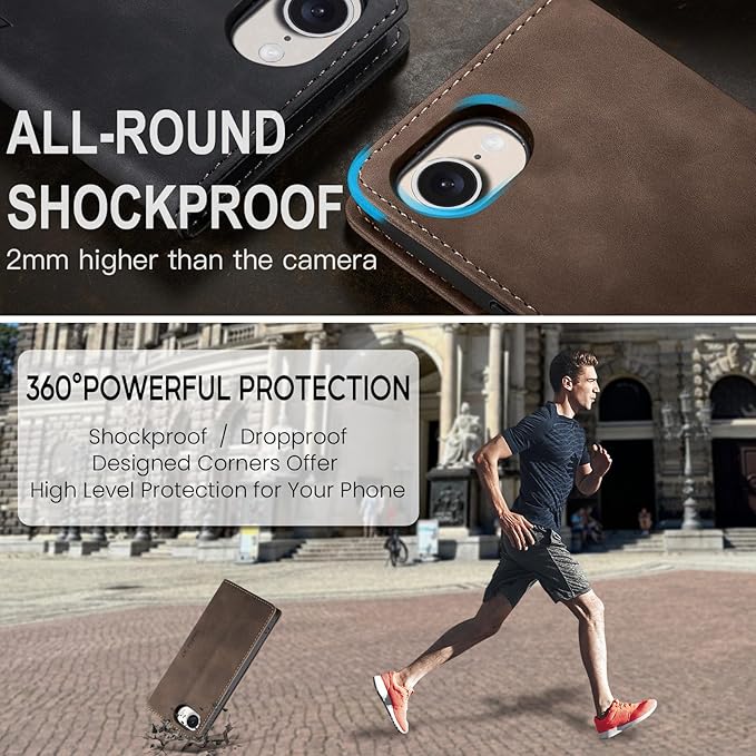 QLTYPRI Case for iPhone 16e, Vintage PU Leather Wallet Case Card Slot Kickstand Magnetic Closure Shockproof Flip Folio Cover for iPhone 16e - Coffee Brown