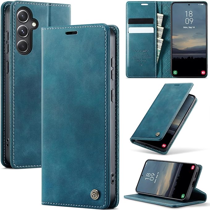 Wallet Case for Samsung Galaxy S23 FE Leather Wallet Flip Cover with Card Holder, Kickstand, Magnetic Closure, RFID Blocking TPU Shockproof Phone Case Compatible with S23FE, Blue-Green
