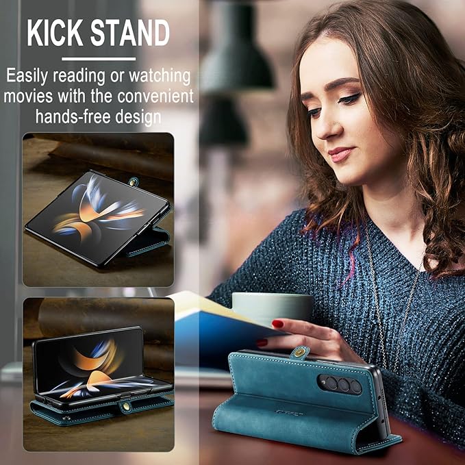 for Samsung Galaxy Z Fold4 Case, Flip Wallet Leather Case with Card Holder Magnetic Closure Shockproof Kickstand Protective Phone Cases Cover for Samsung Galaxy Z Fold4,Blue-Green