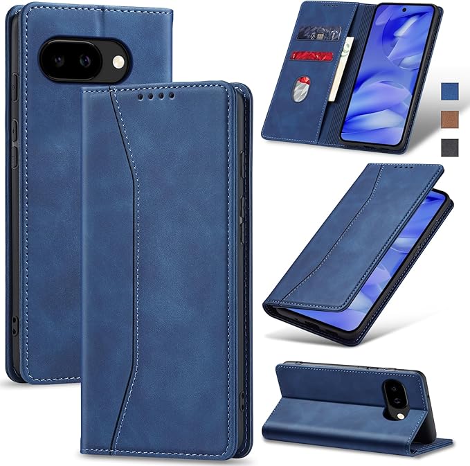Jasonyu Flip Wallet Case for Google Pixel 9A,Leather Magnetic Folio Cover with Card Holder,Kickstand - TPU Shockproof Durable Protective Phone Case,Blue