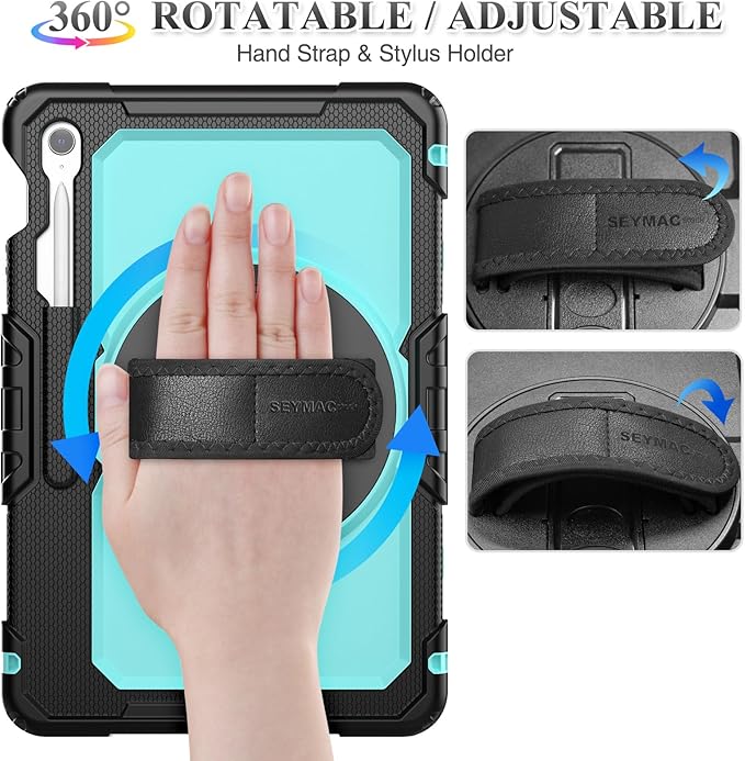 SEYMAC stock Case for Samsung Galaxy Tab S10 FE+ Plus 5G Tablet Case 13.1'' Protective with Screen Protector, Pencil Holder, 360 Rotating Stand, Hand Strap, Shoulder Strap, SkyBlue1