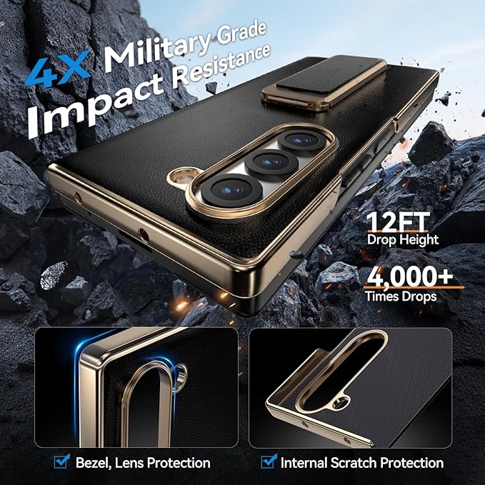 for Samsung Galaxy Z Fold 6 Case with Kickstand,【Military Grade Drop Protection】 【Hinge Protection】, Anti-Scratch Full Body Cover Shockproof Leather Phone Case for Z Fold 6 Case, Black
