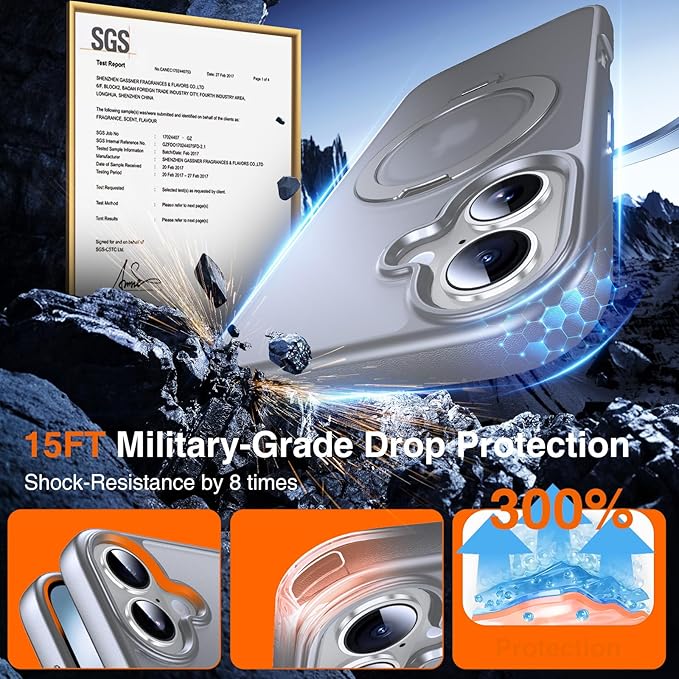 360° O-Ring MagStander for iPhone 16 Case with Magnetic Kickstand Ring Holder [Compatible with MagSafe][360°Rotate Stand Ring][Military Shockproof] Magnet iPhone 16 Phone Cover Matte Grey