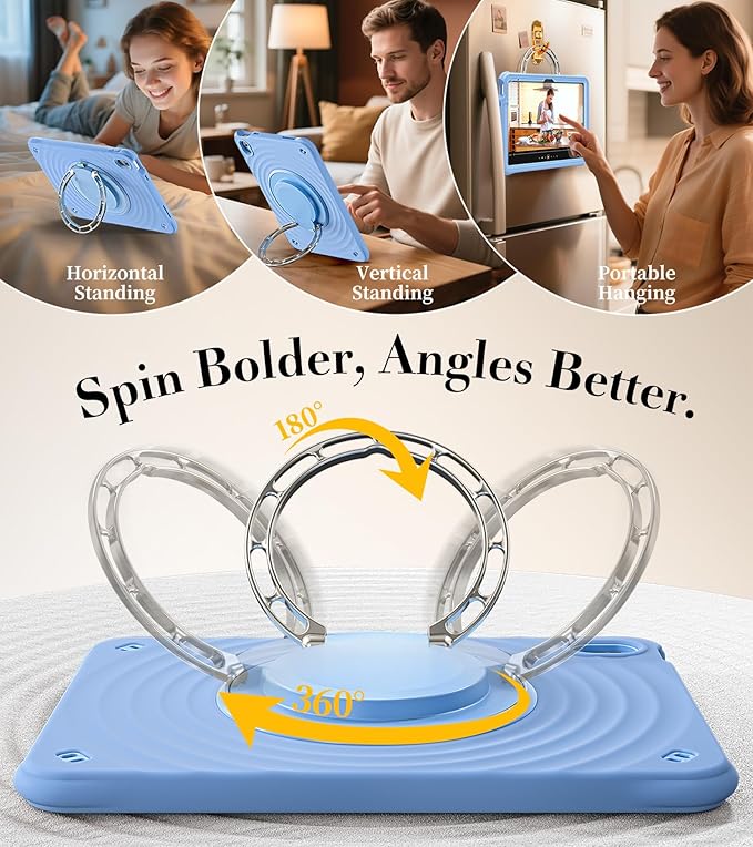 BRAECN Ripple Case for iPad (A16)11th/10th Generation 11/10.9 inch 2025/2022 Zinc Alloy Handle Ring Stand Protective Heavy Duty Screen Protector 360°Rotating 180°Folding Shoulder Strap Full-Body Cover