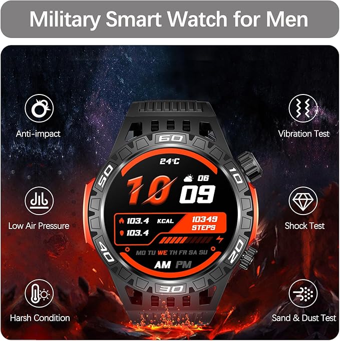 Military Smart Watch for Men 1.46" Outdoor Tactical Sports Smartwatch with Answer/Make Call,Fitness Watch,Blood Oxygen,Heart Rate and Sleep Monitor Compatible with iPhone and Android Phones, Black
