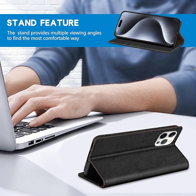 ZZXX for iPhone 15 Pro Wallet Case with [RFID Blocking] Card Slot Stand Strong Magnetic Leather Flip Fold Protective Phone Case for iPhone 15 Pro Case Wallet(Black-6.1 inch)