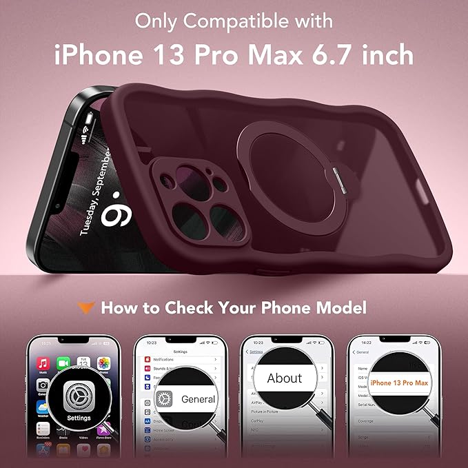 for iPhone 13 Pro Max Case for Women,[Compatible with Magsafe][360° Spin Magnetic Stand][Cute Wave Edge][Military-Grade Protection]Translucent Matte Phone Case for iPhone 13 ProMax, Wine Red