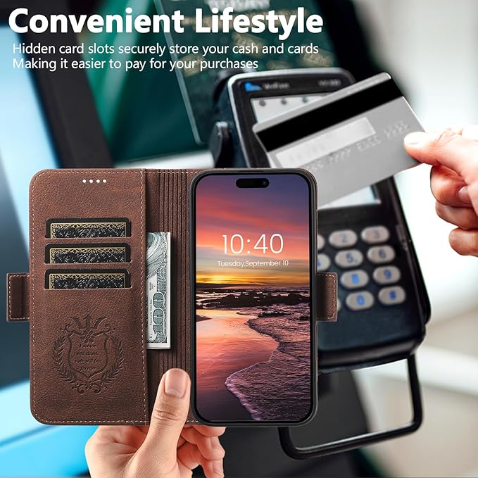 Leather Magnetic Wallet Case for iPhone17 Pro Max Compatible with MagSafe & Wireless Charging, 3 Card Slots & ID Holder, Kickstand, 360° Military Shockproof Protection Premium Brown