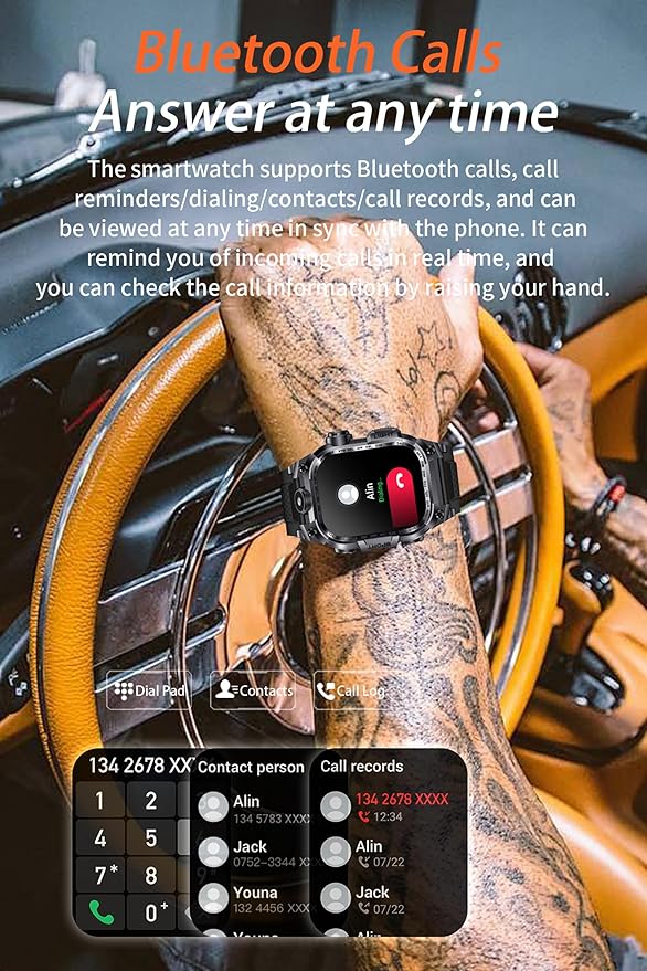 Tough Smart Watch for Working Men with Flashlight, 2.01" HD Ultra Large Rugged Smartwatch Bluetooth Call/Heart Rate/Sleep Monitor Hiking Camping Fitness Track Watches