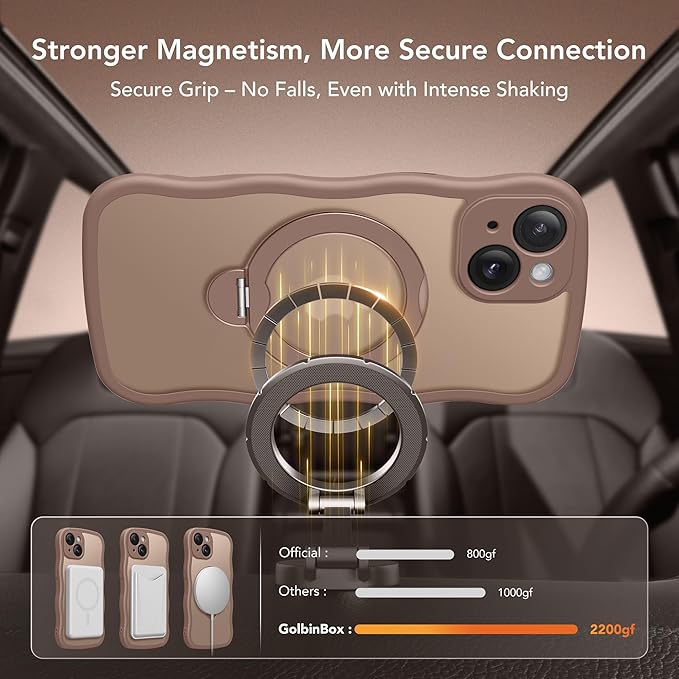 GolbinBox for iPhone 15 Plus Case for Women,[Compatible with Magsafe][360° Spin Magnetic Stand][Cute Wave Edge][Military-Grade Protection] Translucent Matte Phone Case for iPhone 15 Plus, Brown