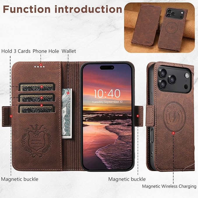 Leather Magnetic Wallet Case for iPhone17 Pro Max Compatible with MagSafe & Wireless Charging, 3 Card Slots & ID Holder, Kickstand, 360° Military Shockproof Protection Premium Brown