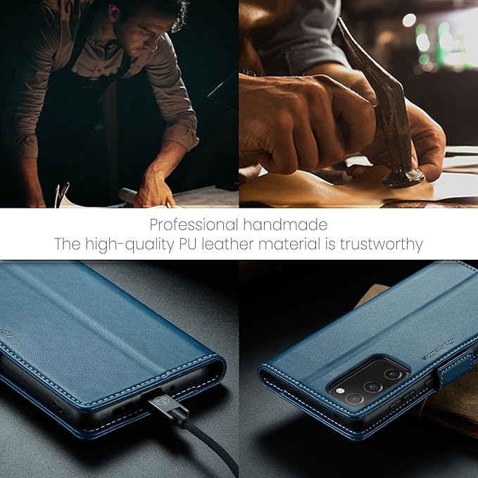 AUPAI for Samsung Galaxy S20 FE Wallet Case with Credit Card Holder, PU Leather RFID Blocking Folio Flip Kickstand Magnetic Clasp Protective Phone Cover for Women Men Blue