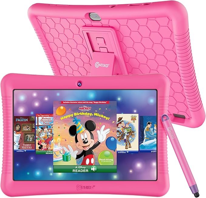 Contixo 10-Inch Kids Tablet - Ages 3-12, 80 Disney eBooks ($350 Value), 32GB Storage, Android, Parental Controls, Silicone Case w/Kickstand, STEM Learning Tablet for Older Kids - Pink
