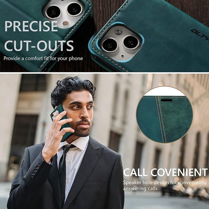 QLTYPRI Case for iPhone 14, Vintage PU Leather Wallet Case Card Slot Kickstand Magnetic Closure Shockproof Flip Folio Book Case Cover for iPhone 14(6.1 inch) - Retro Dark Green