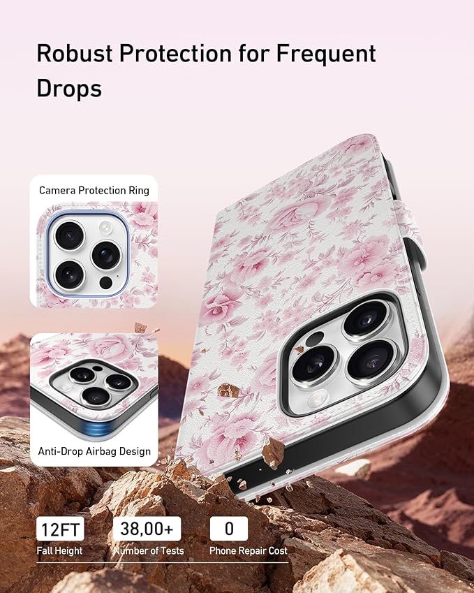 DEENAKIN for iPhone 15 Pro Wallet Case with Card Holder + Cash Clip, RFID-Blocking, Military-Grade Drop Protection, Magnetic Closure with Leather Kickstand - Blooming Pink Roses