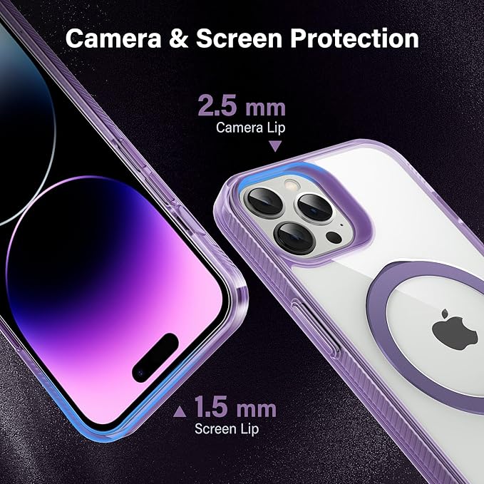 Magnetic Case for iPhone 14 Pro - [Built-in Invisible Stand] [Compatible with MagSafe] [Military Grade Drop Protection] Anti-Yellowing Hard Back Silicone Edge Cover, 6.1", Clear Purple
