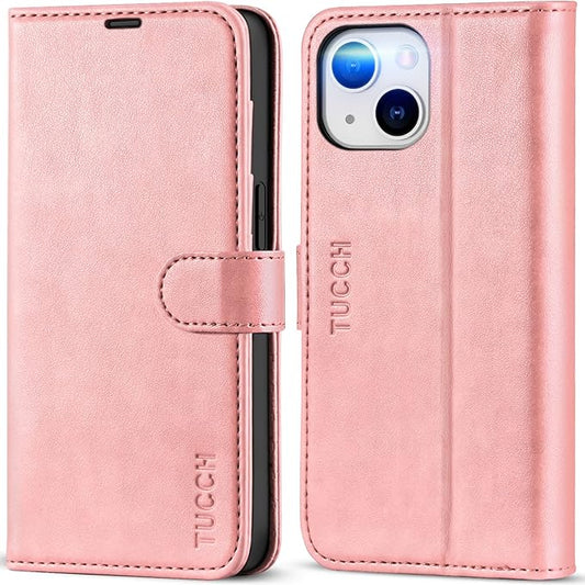 TUCCH Wallet Case for iPhone 14 6.1-inch 5G, [TPU Shockproof Inner Shell] PU Leather [RFID Blocking] 4 Credit Card Holder Magnetic Kickstand Flip Cover Compatible with iPhone 14 (6.1"), Rose Gold