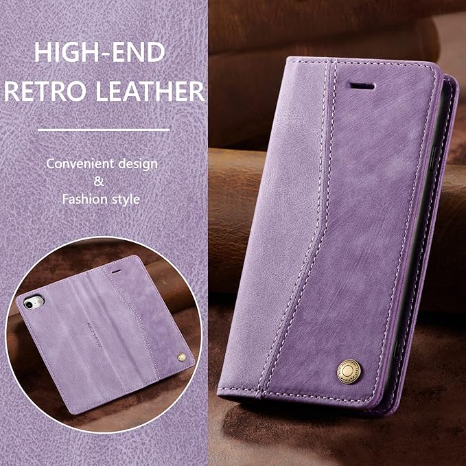 QLTYPRI Case for iPhone 16e, Vintage PU Leather Wallet Case Card Slot Kickstand Magnetic Closure Shockproof Flip Folio Cover for iPhone 16e - Retro Purple