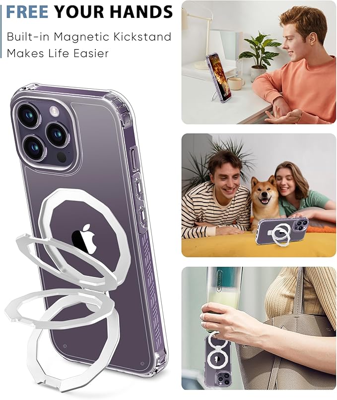 Compatible with iPhone 14 Pro Max Case, Built-in Screen Protector & Seamless Stand, with Camera Lens Protector, Strong Magnetic Clear Phone Case, Full Body Protective Cover for 6.7" (Clear)