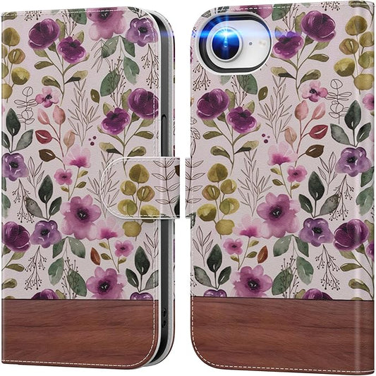 DEENAKIN for iPhone 16e Wallet Case with Card Holder + Cash Clip, RFID-Blocking, Military-Grade Drop Protection, Magnetic Closure with Leather Kickstand - Floral Wallpaper