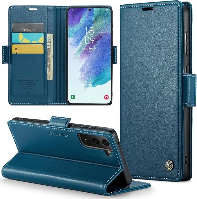 Case for Samsung Galaxy S21 FE Wallet Case, RFID Blocking PU Leather Flip Folio Cover Card Holder Kickstand Shockproof Phone Case Compatible with Samsung Galaxy S21 FE, Blue