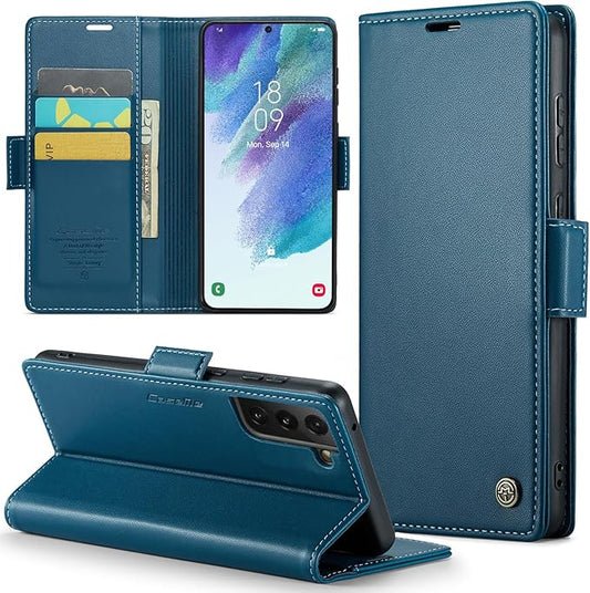 Case for Samsung Galaxy S21 FE Wallet Case, RFID Blocking PU Leather Flip Folio Cover Card Holder Kickstand Shockproof Phone Case Compatible with Samsung Galaxy S21 FE, Blue